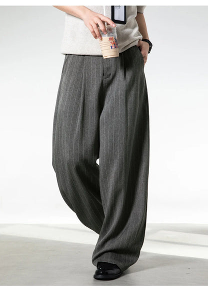 Men Classic Striped Pleated Wide Leg Trousers | Baggy | Straight | Dress Pants | Business