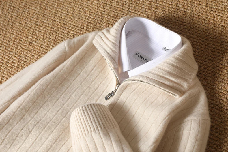 Men Merino Wool Stand-Up Collar Cardigan | Business Casual | Warm Zipper Jacket