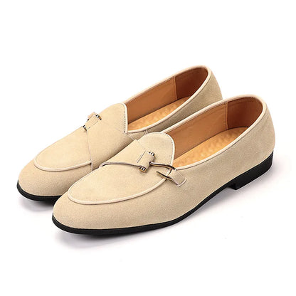 Men Suede Genuine Leather Shoes | Buckle Loafers | Moccasins | Light Comfortable Beige