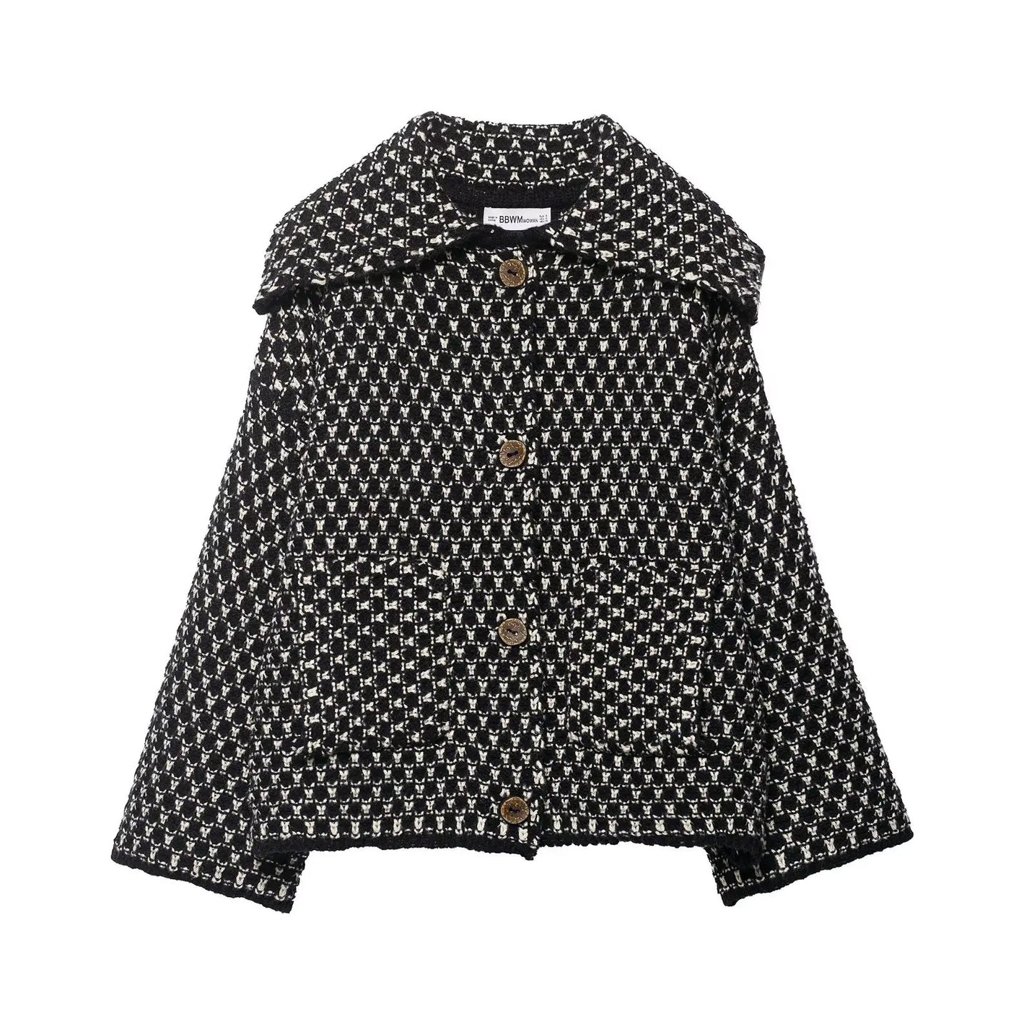 Women Oversized Knitted Jacket | Large Collar | Street Style | Geometric Pattern black