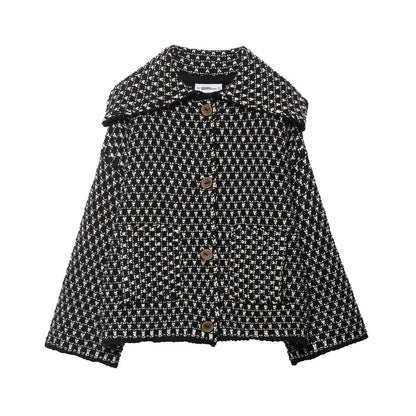 Women Oversized Knitted Jacket | Large Collar | Street Style | Geometric Pattern black