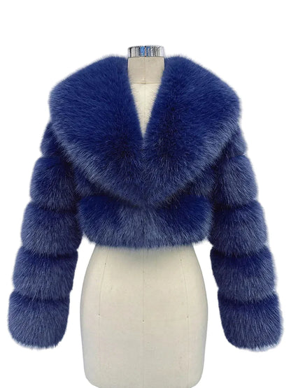 Women Fluffy Cropped Fur Coat | Winter Street Style Fur Jacket Blue