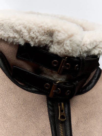 Women Spliced Leather Short Soft Fur Jacket | Female Zipper Belt Coat
