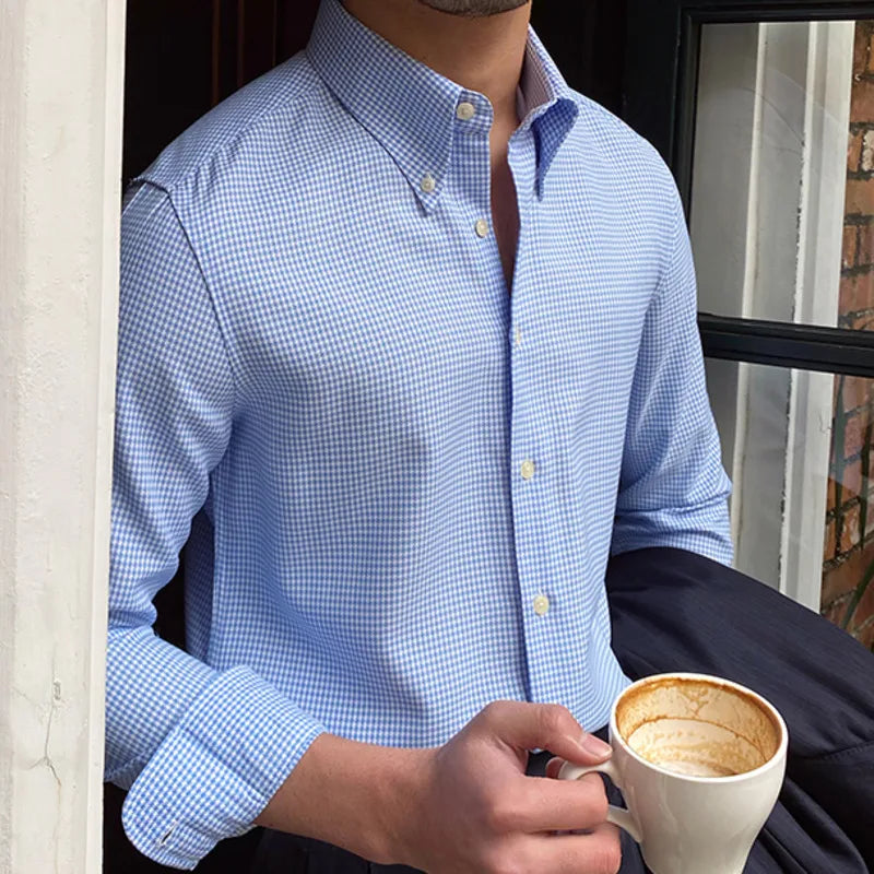 Men British Slim Shirt | Office Tuxedo Shirt | Business | Lattice Shirt | Cuban Collar | Long Sleeve Shirt