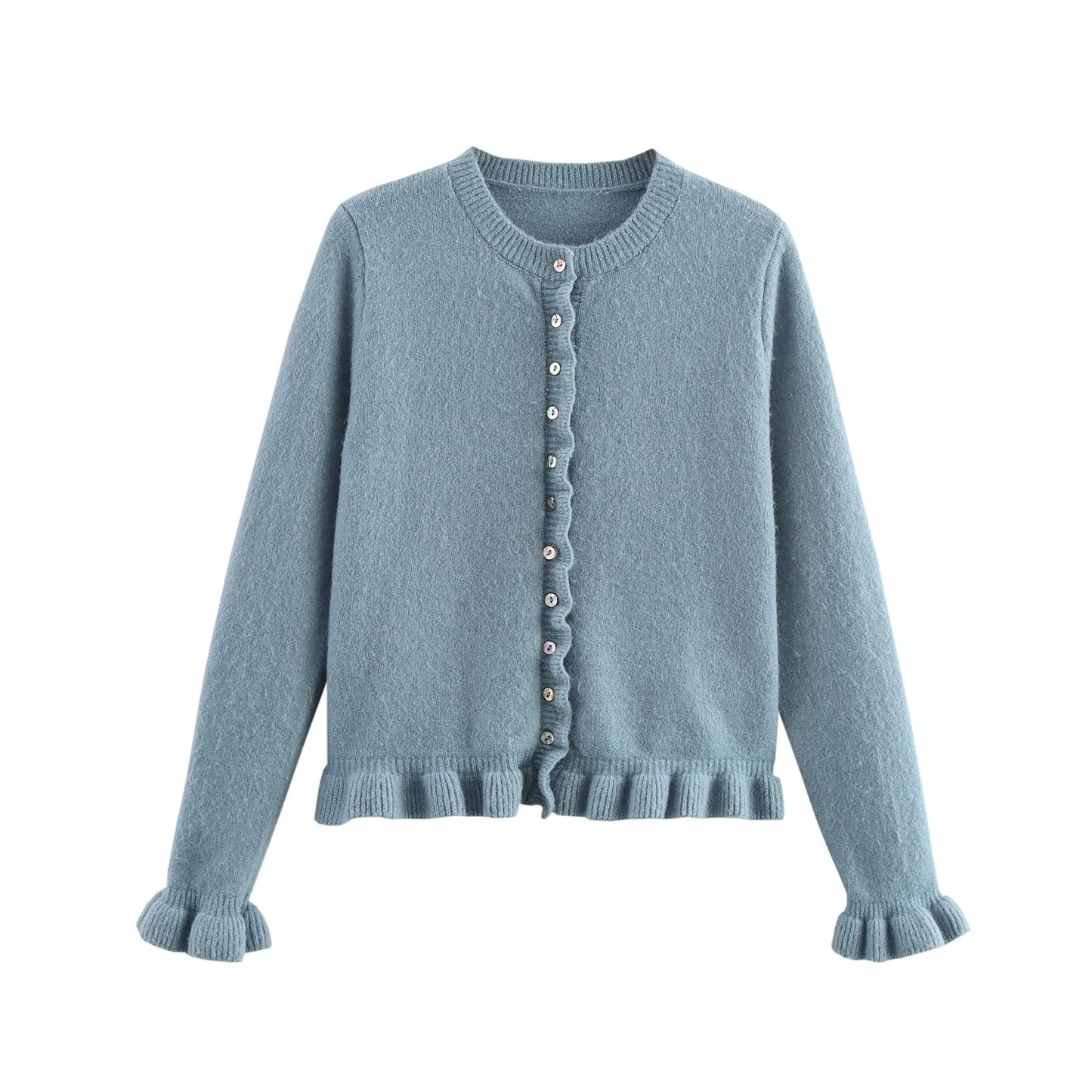 Women Knit Cardigan | Petal Sleeve Sweater | Autumn | Button Down Sweater Blue