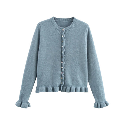Women Knit Cardigan | Petal Sleeve Sweater | Autumn | Button Down Sweater Blue