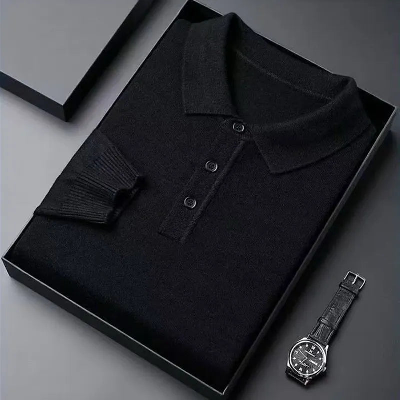 Men Pure Wool Sweater | Polo Knitted Pullover | Warm black