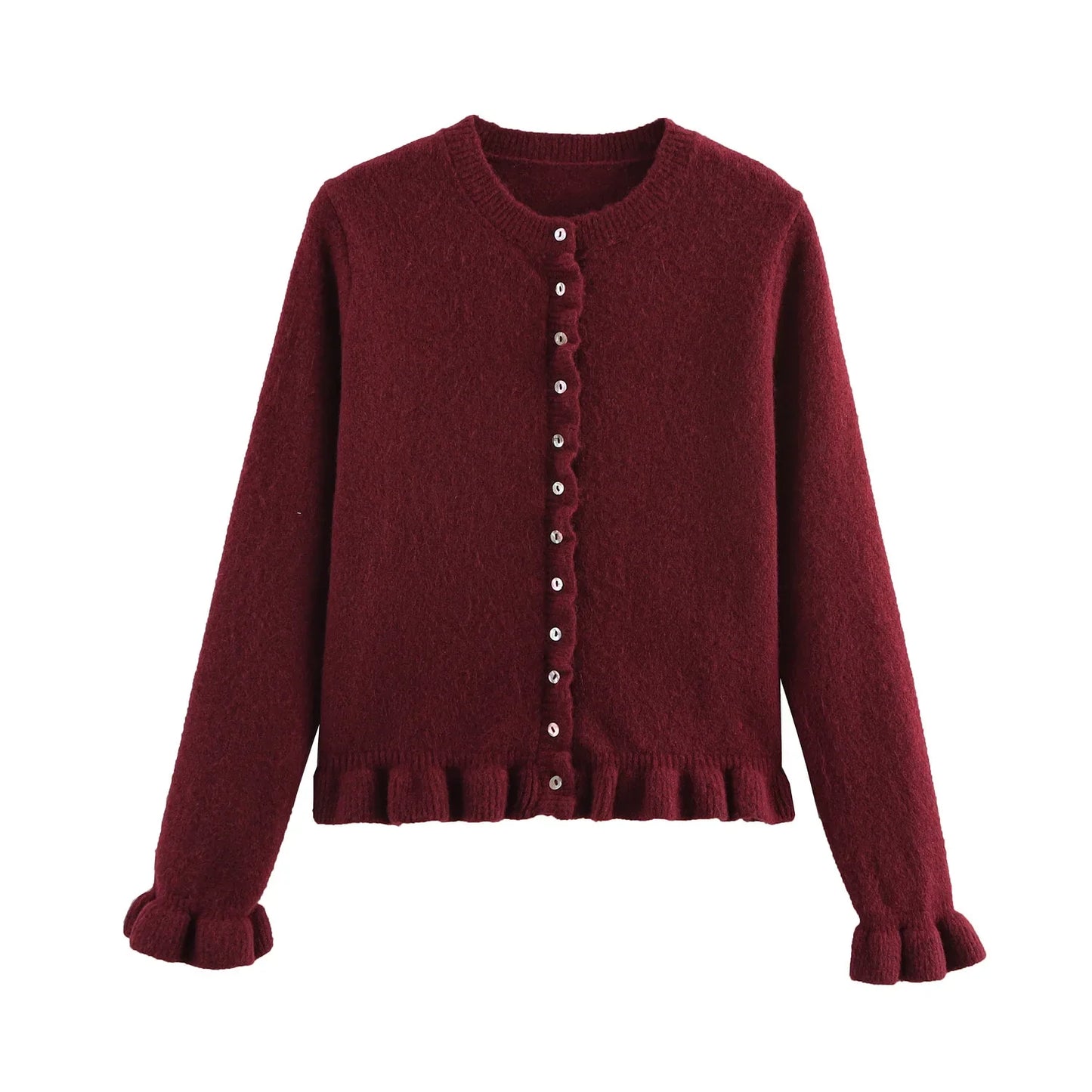 Women Knit Cardigan | Petal Sleeve Sweater | Autumn | Button Down Sweater Maroon