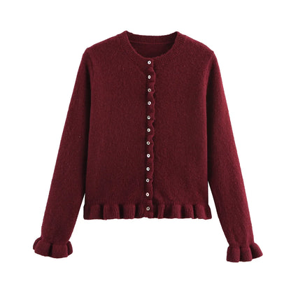 Women Knit Cardigan | Petal Sleeve Sweater | Autumn | Button Down Sweater Maroon