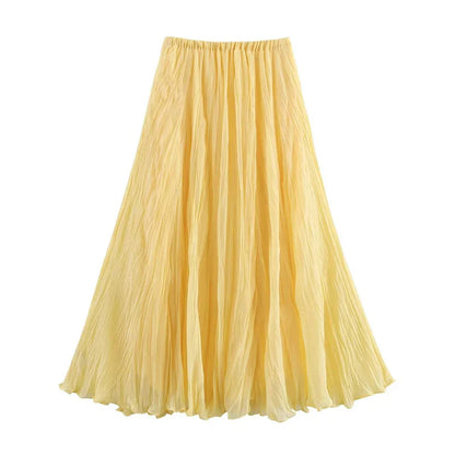 Women Crinkle A Line Midi Butter Yellow Skirt | Holiday | Summer Skirt | Elastic Waist