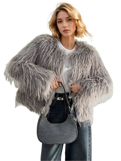 Women Short Fur Coat Gray