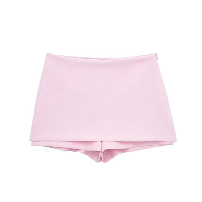 Women Pink 2 Piece Set | V-Neck Backless Top | High Waist Mini Skirt Shorts Pink Shorts