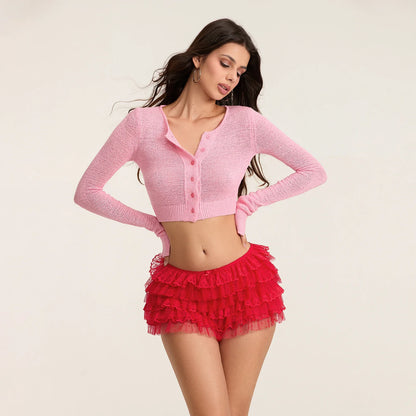 Women Lace Bloomers Shorts | Casual | Summer | Layered Ruffle Shorts | Vacation | Beach Red