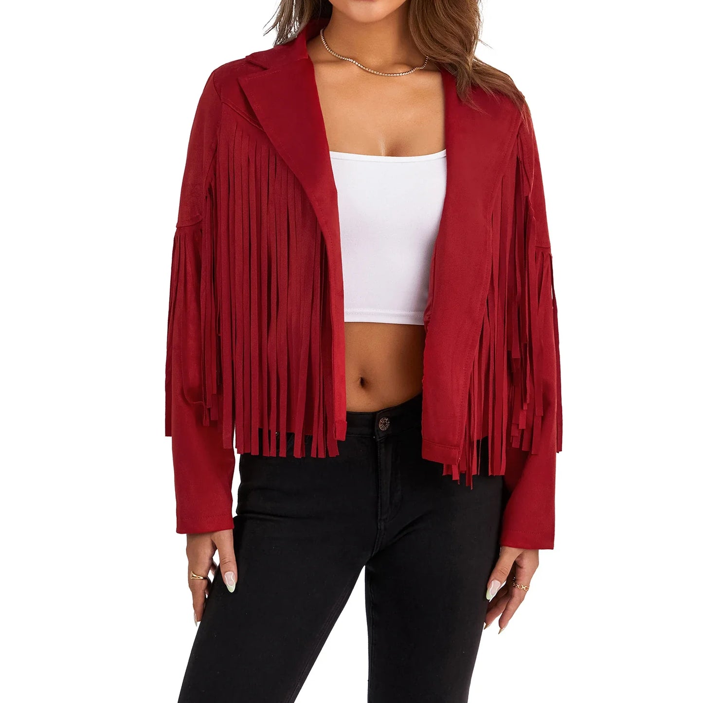 Women Cropped Spring Fringe Jacket | Tassel Jacket Red