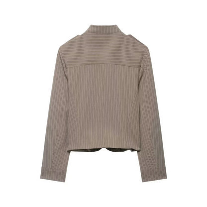 Women Short Coat | Spring | Striped Short Blazer | Long Sleeves | Napoleon Jacket