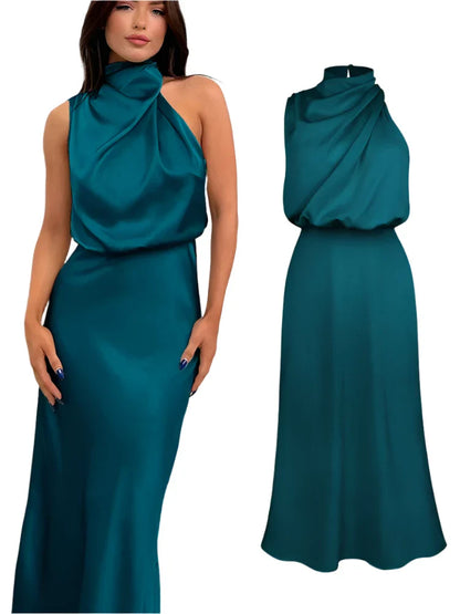 Women Satin Long Dress | Silk Sleeveless Evening Dress | Party Dress Lake blue