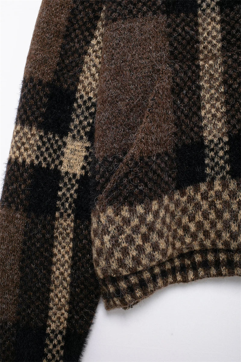 Women Short Knitted Jacket | Check-Knit Winter Bomber Jacket