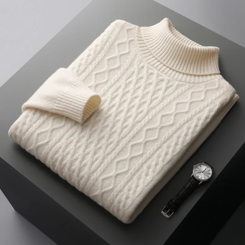 Men Merino Wool High-Necked Pullover | Warm Turtleneck Sweater White
