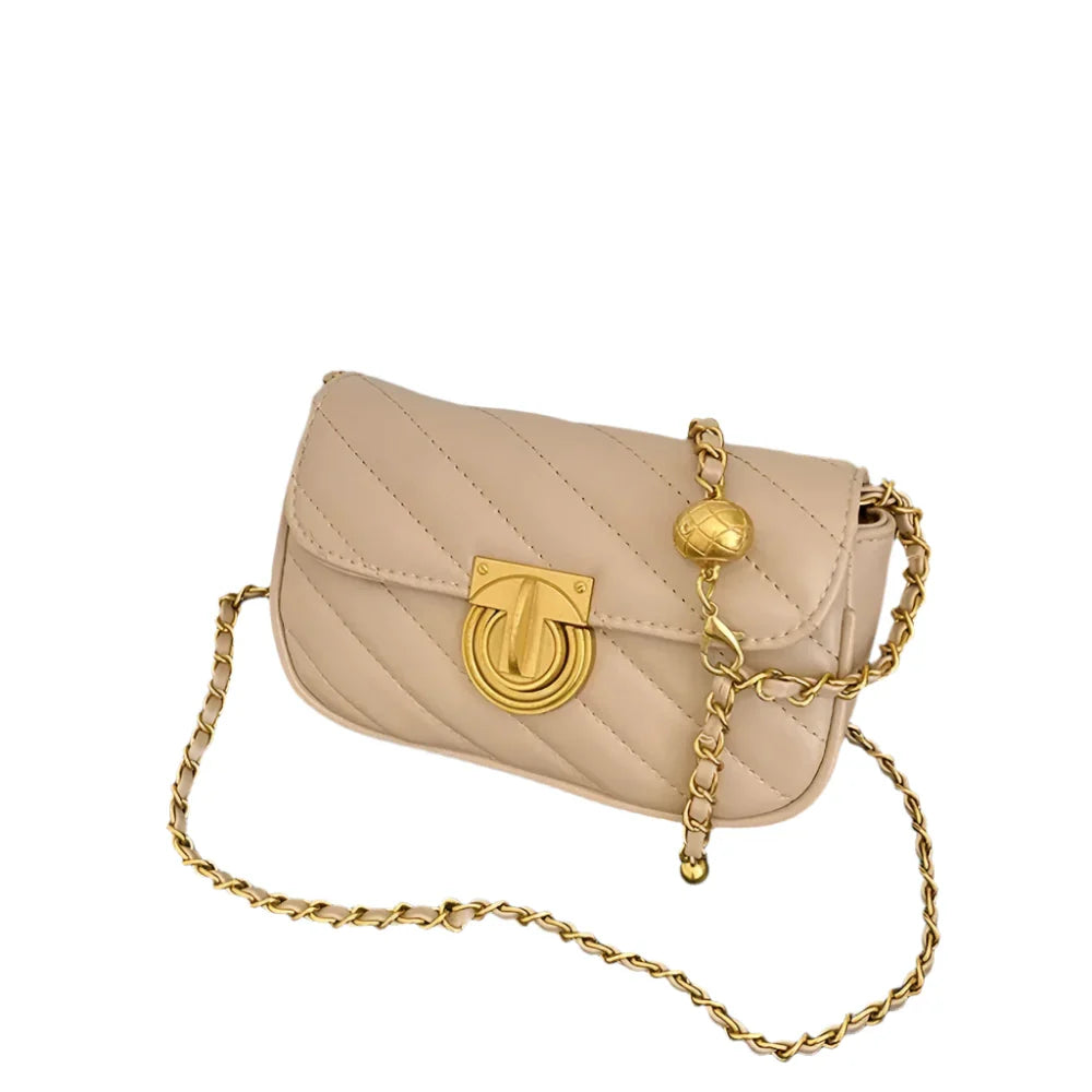 Women Lock Chain Small Shoulder Bag | Rhombic Lattice Pattern Bag KHAKI