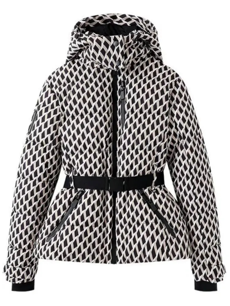 Women Winter Windproof Skiing Jacket | Padded Sport Parkas Jacket | Belt | Hooded | Thick | Warm | Pockets Lattice