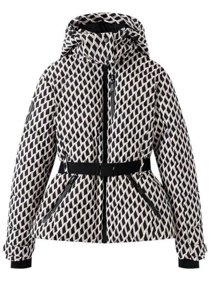 Women Winter Windproof Skiing Jacket | Padded Sport Parkas Jacket | Belt | Hooded | Thick | Warm | Pockets Lattice