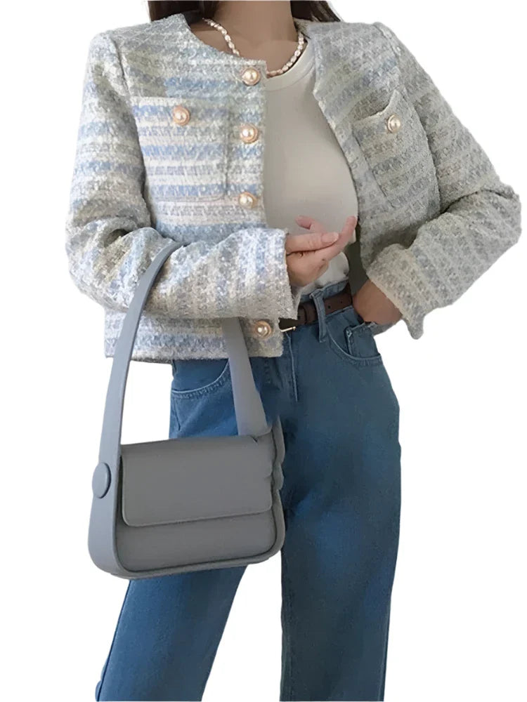Women Elegant Tweed Jacket with Pocket | Vintage Tweed Short Coat | Loose Cardigan Blue