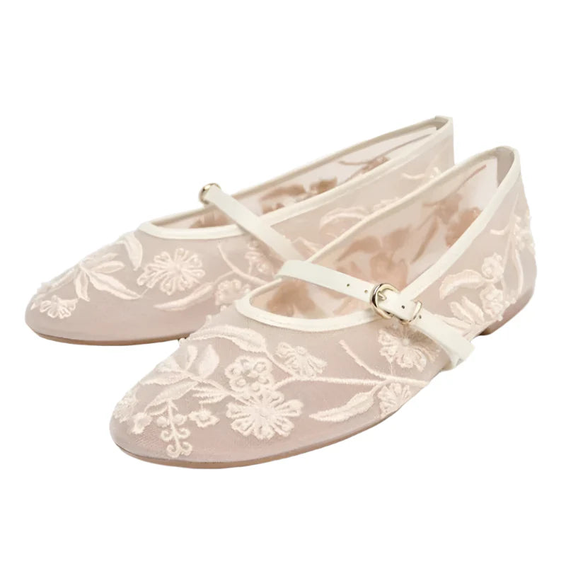 Women Embroidered Pearl Mesh Ballet Flats | Round Toe Flat Sandals | Belt Buckle Mary Jane Shoes White