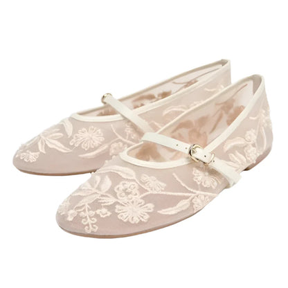 Women Embroidered Pearl Mesh Ballet Flats | Round Toe Flat Sandals | Belt Buckle Mary Jane Shoes White