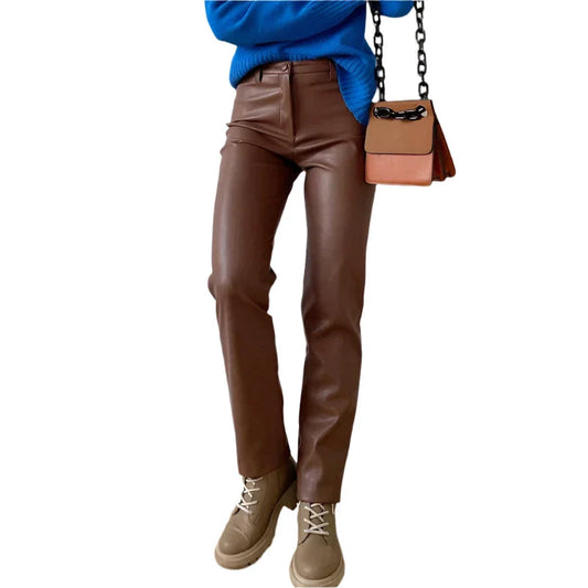 Women High Waisted Leather Pants | Slim Zipper Pencil Winter Leather Trouser Brown