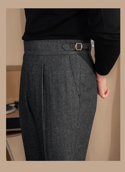 Men Vintage Wool Herringbone Pattern Pants | Casual | British | Warm | High Waist | Straight Pants