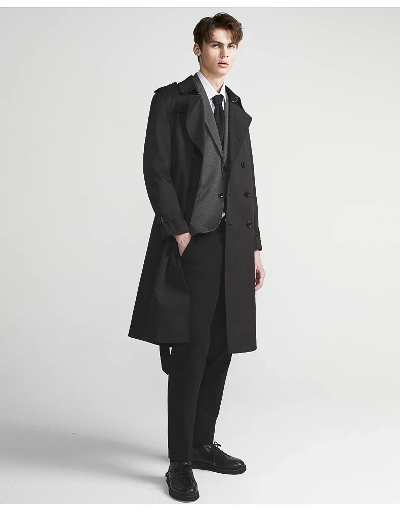 Men Long Trench Coat with Belt | Double Breasted | Elegant | Luxury British Style | Overcoat | Long Coat