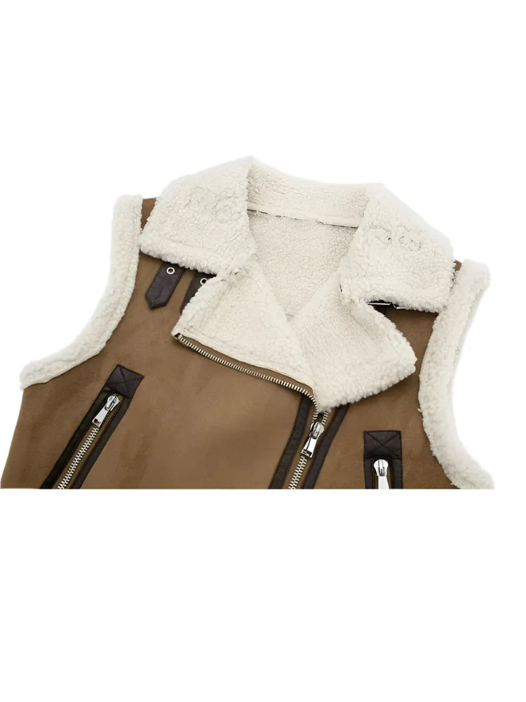 Women Short Thick Leather Zip Waistcoat | Lambswool Patchwork Sleeveless Casual Vest