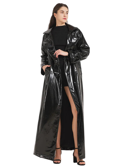 Women Black Shiny Leather Trench Coat | Luxury Designer | Floor Length | Glossy Leather Coat | Reflective | Soft Patent Black