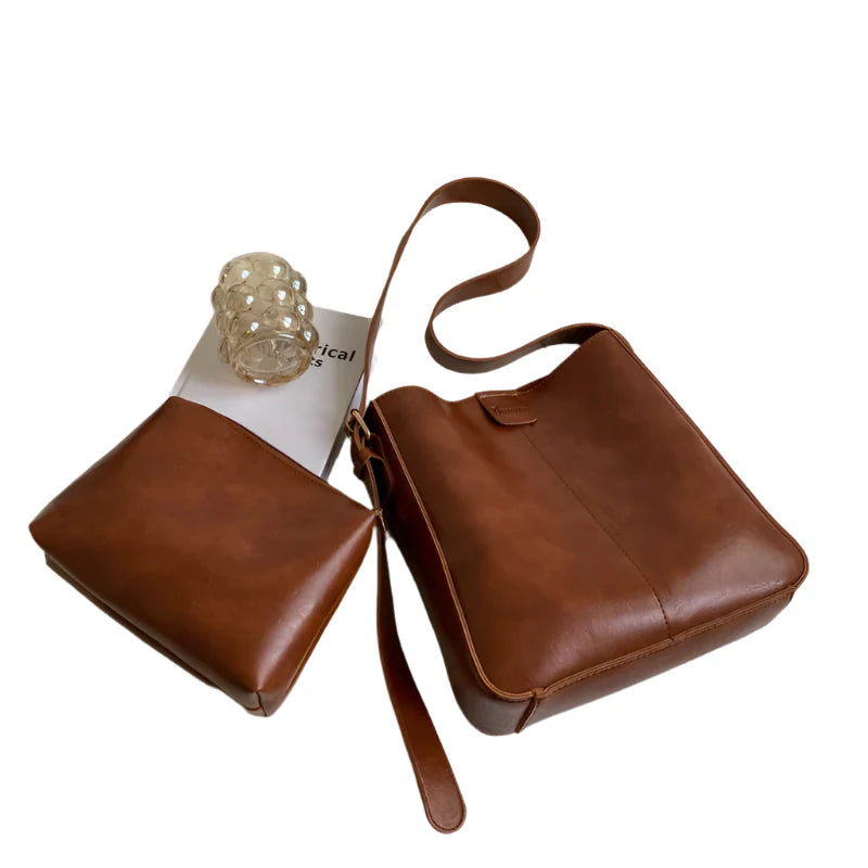 Women Retro Shoulder Tote Bag | Leather Crossbody Bag | Large Capacity Brown