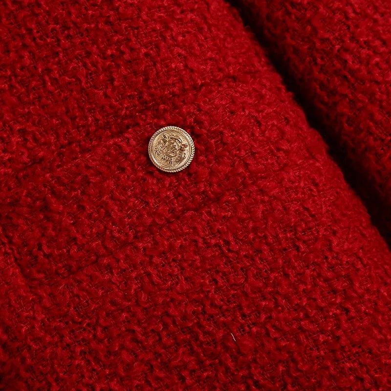 Women Vintage Cherry Red Tweed Blazer