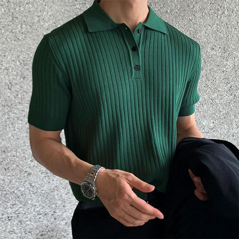 Men Retro Ribbed Polo Shirt | Knitted Short Sleeve Solid Polo T-shirt | Striped Knitwear green