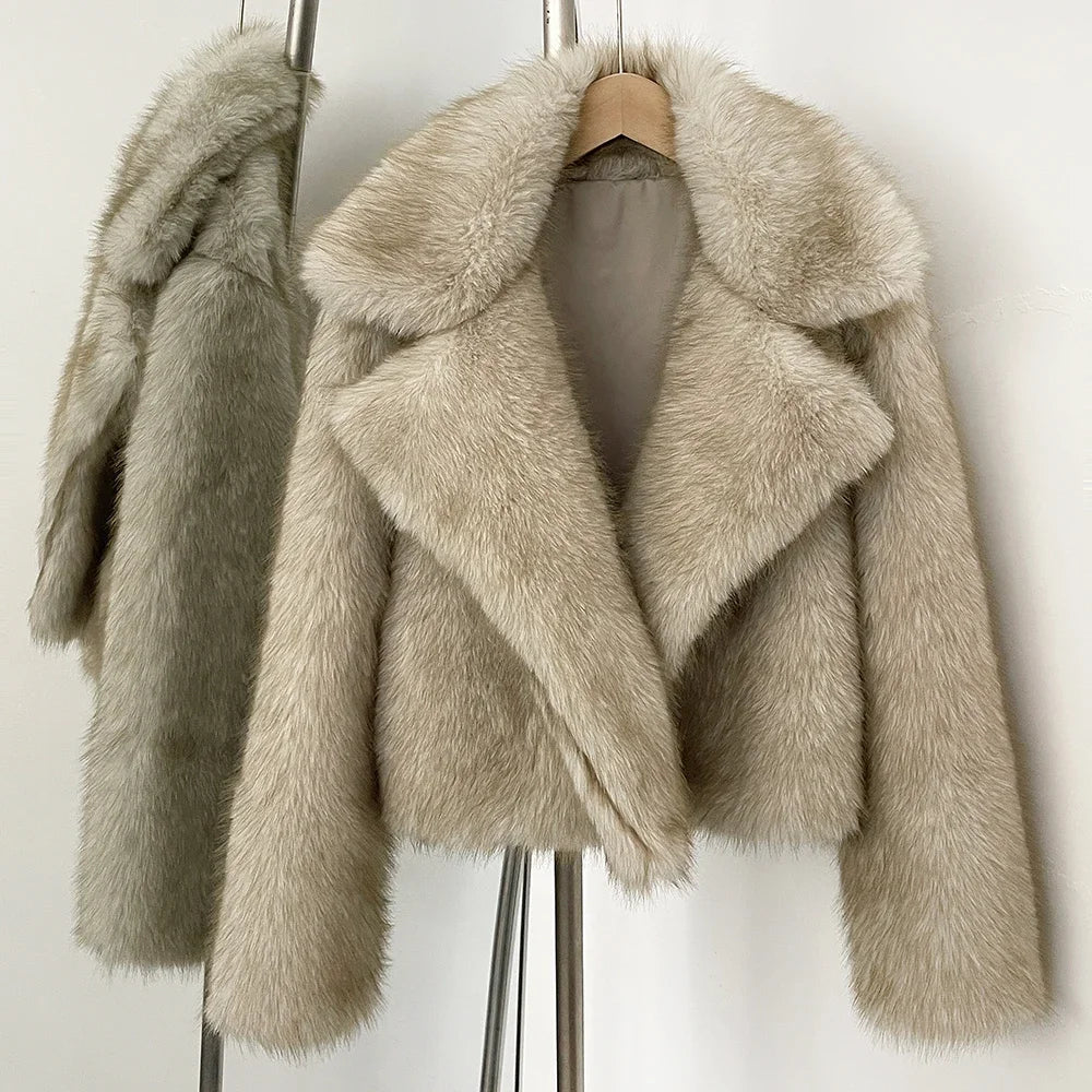 Women Short Fur Jacket | Vintage | Turn-Down Collar Coat | Long Sleeve Fur Coat | Winter | Streetwear Sand