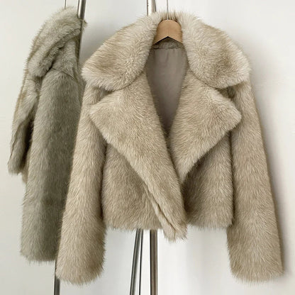Women Short Fur Jacket | Vintage | Turn-Down Collar Coat | Long Sleeve Fur Coat | Winter | Streetwear Sand