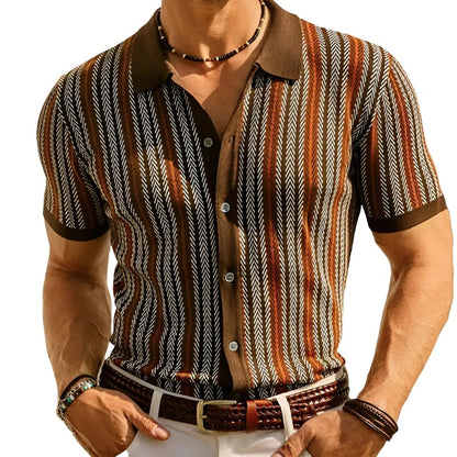Men Knitted Printed Shirt | Short Sleeve Button Down Red