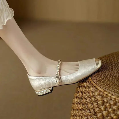 Celeste | Women's Pearl Strap Mary Jane Shoes Glitter Block Heel