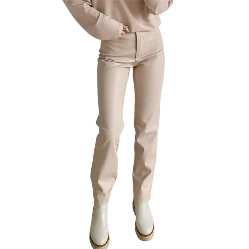 Women High Waisted Leather Pants | Slim Zipper Pencil Winter Leather Trouser Beige