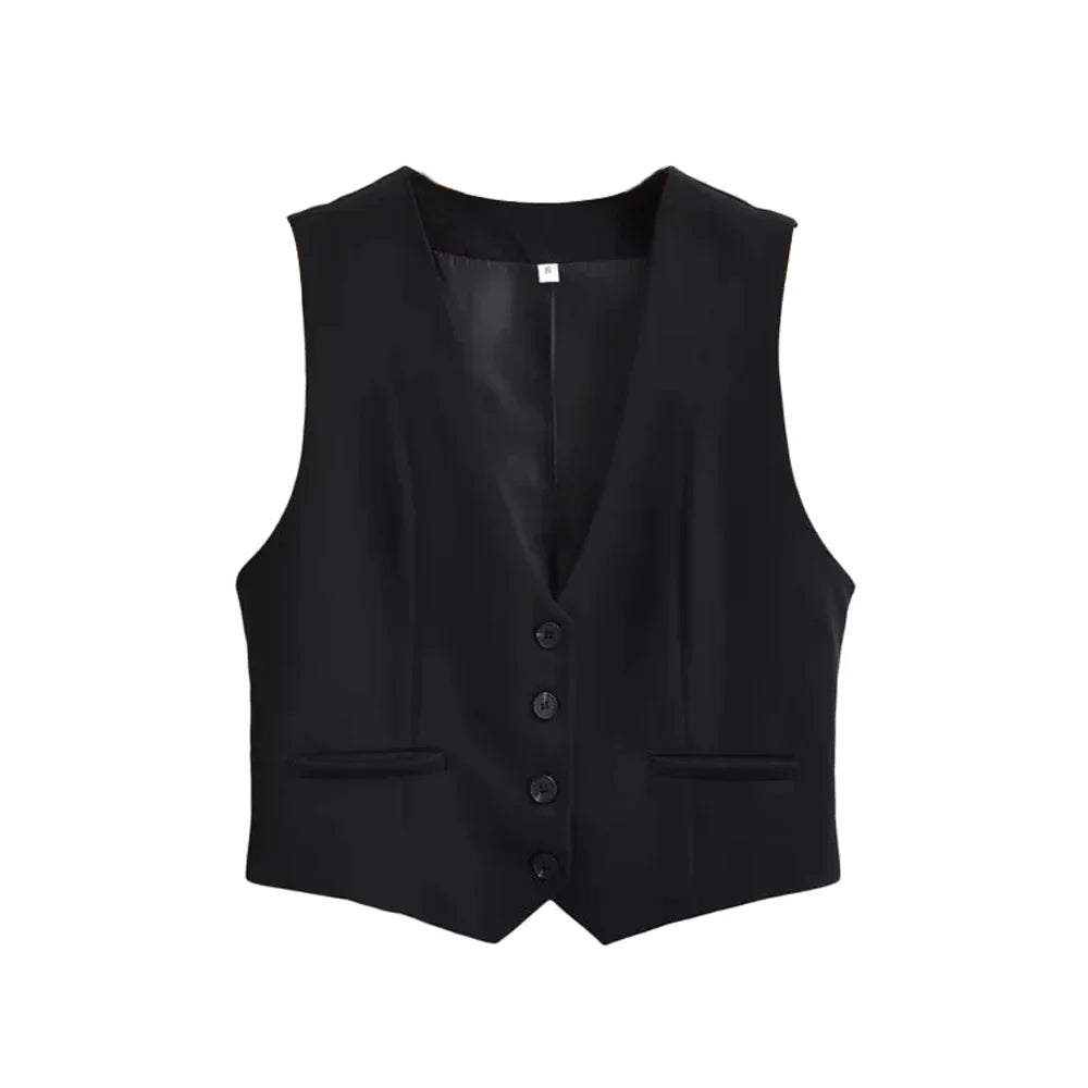 Women Front Button Cropped Waistcoat | Vintage V Neck Sleeveless Chic Top Black