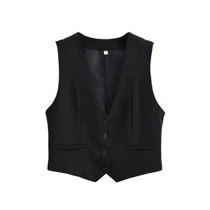 Women Front Button Cropped Waistcoat | Vintage V Neck Sleeveless Chic Top Black
