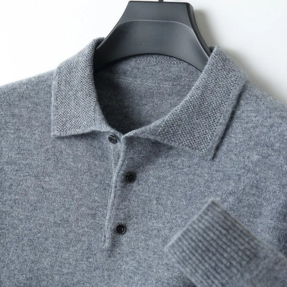 Men Merino Wool Polo Pullover | Knit Warm Top | Winter Polo Collar T-shirt Gray