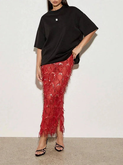 Women Sequin Fringe Maxi Skirt | Midi Mesh Pencil Skirt