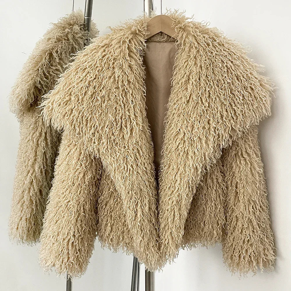Short Mongolian Fur Coat | Women Luxury Cropped Fur Coat | Warm | Winter Beige