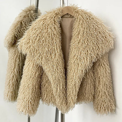 Short Mongolian Fur Coat | Women Luxury Cropped Fur Coat | Warm | Winter Beige