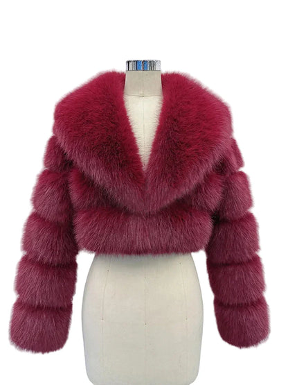 Women Fluffy Cropped Fur Coat | Winter Street Style Fur Jacket Wine Red