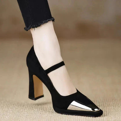 Serena | Women's Mary Jane High Heel Pumps Cap Toe Block Heel Strap