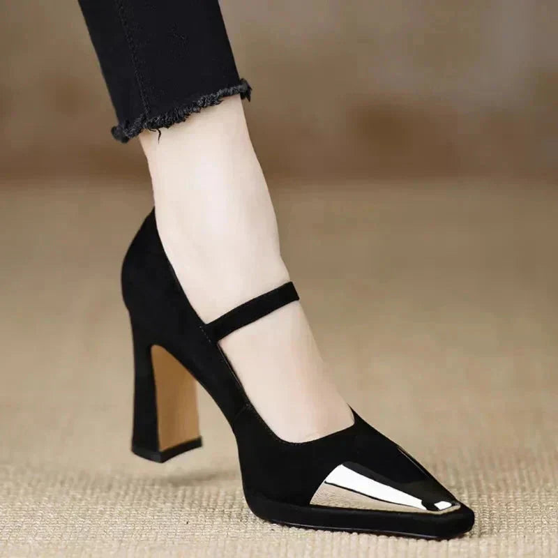 Serena | Women's Mary Jane High Heel Pumps Cap Toe Block Heel Strap